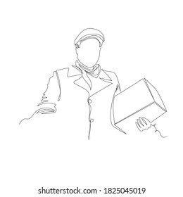 Postbote. die Person mit der Verpackung. unendliche Linie. Vektorkonturbild