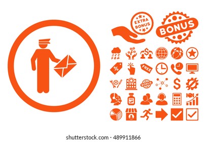 Postman pictograph with bonus images. Vector illustration style is flat iconic symbols, orange color, white background.