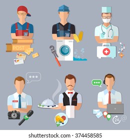 Postman plumber doctor journalist waiter call center operator collection professions vector illustration  