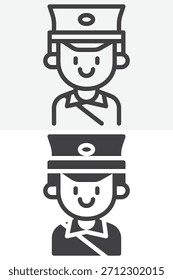 Icono de retrato de cartero mostrado en línea de contorno y versiones sólidas. Signo y Vector de trazo editables para temas de correo. Icono de cartero representado en dos estilos de icono.