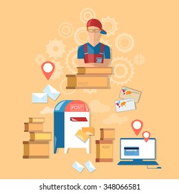 Postman post office mail delivery service vector concept 