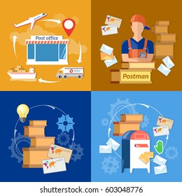 Postman post office mail delivery service banners mailbox shipping and delivery of letters correspondence