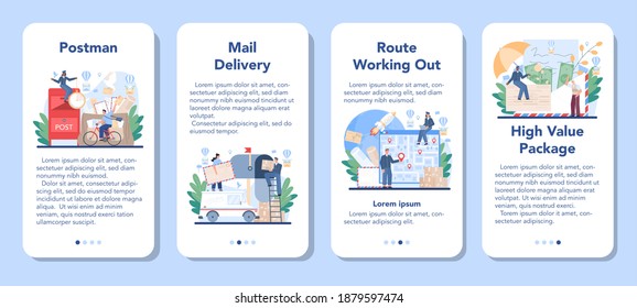 Banner de aplicación móvil de profesión Postman. Personal de correos que presta servicios de correo, acepta cartas y paquetes, vende sellos postales. Ilustración vectorial plana aislada