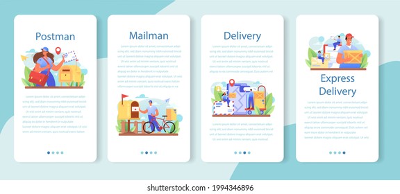 Banner de aplicación móvil de profesión Postman. Personal de correos que presta servicios de correo, acepta cartas y paquetes, vende sellos postales. Ilustración vectorial plana aislada