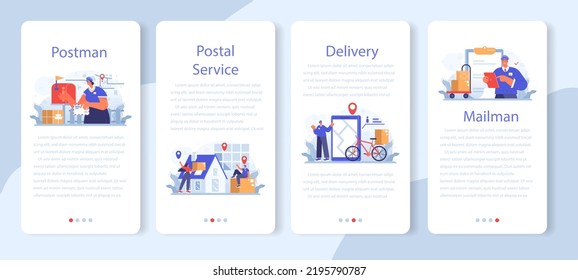 Postman profession mobile application banner set. Post office staff providing mail service, accepting of letter and package. Delivery and international comunication. Isolated flat vector