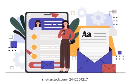 Postman profession online concept. Man send mesage and envelope to girl. Remote communication and interaction. International friendly correspondence. Cartoon flat vector illustration