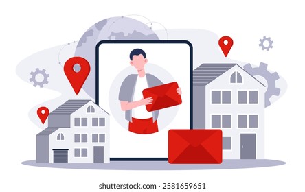 Postman profession online. Man with red envelope in hands. Mailing services and postal delivery. Friendly or business correspondence. Postage worker. Flat vector illustration