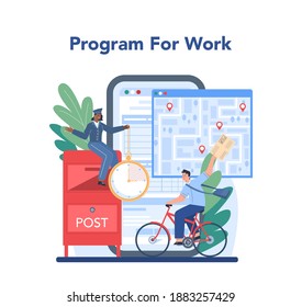 Postman profession online service or platform. Post office staff providing mail service, accepting of letter and package. Delivery and comunication. Isolated flat vector illustration
