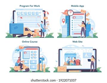 Postman profession online service or platform set. Post office staff providing mail service, accepting of letter and package. Online course, website, mobile app. Isolated flat vector illustration
