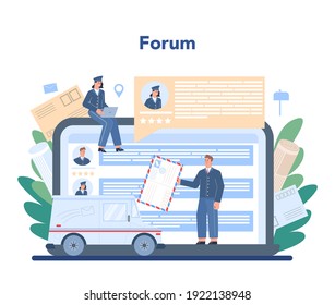 Postman profession online service or platform. Post office staff providing mail service, accepting of letter and package. Delivery and comunication. Online forum. Isolated flat vector illustration