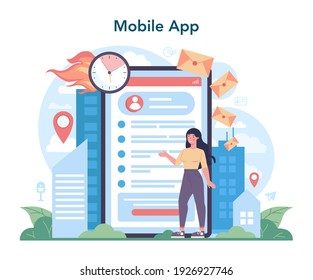 Postman profession online service or platform. Post office staff providing mail service, accepting of letter and package. Mobile app. Isolated flat vector illustration