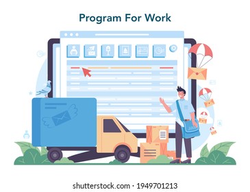 Postman profession online service or platform. Post office staff providing