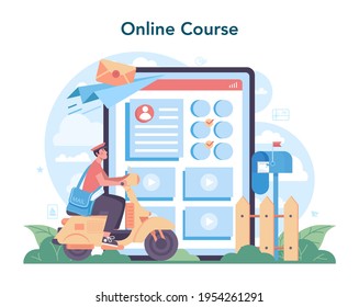 Postman profession online service or platform. Post office staff providing