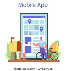 Postman profession online service or platform. Post office staff providing mail service, accepting of letter and package. Mobile app. Flat vector illustration