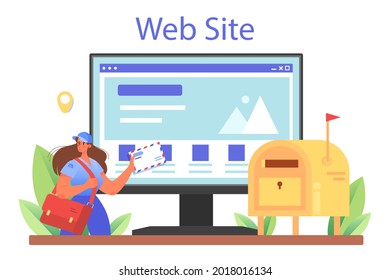 Postman profession online service or platform. Post office staff providing mail service, accepting of letter and package. Website. Flat vector illustration