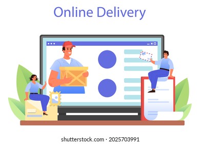 Postman profession online service or platform. Post office staff providing mail service, accepting of letter and package. Online delivery. Flat vector illustration