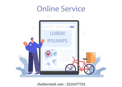 Postman profession online service or platform. Post office staff providing mail service, accepting of letter and package. Flat vector illustration