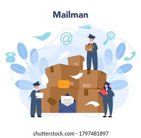 Postman. Personal de correos que presta servicios de correo, acepta cartas y paquetes, vende sellos postales. Entrega y comunicación internacional. Ilustración vectorial plana aislada