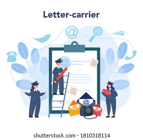 Postman profession. Post office staff providing mail service, accepting of letter and package, selling postage stamp. Delivery and international comunication. Isolated flat vector illustration