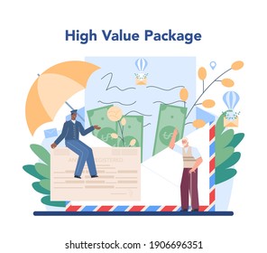 Postman profession. Post office staff providing mail service, accepting of letter and package, selling postage stamp. Delivery and international comunication. Isolated flat vector illustration