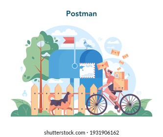 Postman profession. Post office staff providing mail service, accepting of letter and package, selling postage stamp. Delivery and parcel sorting. Isolated flat vector illustration