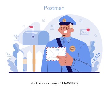 Postman profession. Post office staff providing mail service, accepting of letter and package, selling postage stamp. Delivery and international comunication. Isolated flat vector illustration