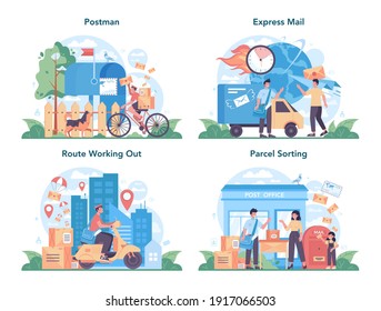 Postman profession set. Post office staff providing mail service, accepting of letter and package, selling postage stamp. Delivery and parcel sorting. Isolated flat vector illustration