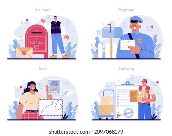 Postman profession set. Post office staff providing mail service, accepting of letter and package, selling postage stamp. Delivery and international comunication. Isolated flat vector illustration