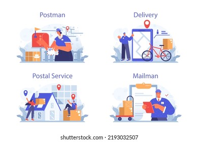 Postman profession set. Post office staff providing mail service, accepting of letter and package. Delivery and international comunication. Isolated flat vector illustration