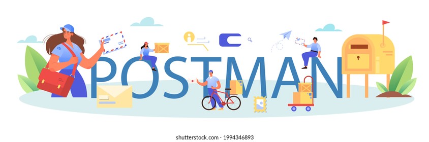 Cabecera tipográfica de profesión de Postman. Personal de correos que presta servicios de correo, acepta cartas y paquetes, vende sellos postales. Ilustración vectorial plana aislada