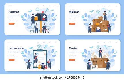 Postman profession web banner or landing page set. Post office staff providing mail service, accepting of letter and package, selling postage stamp. Isolated flat vector illustration