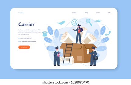 Postman profession web banner or landing page. Post office staff providing mail service, accepting of letter and package, selling postage stamp. Isolated flat vector illustration