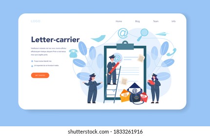 Postman profession web banner or landing page. Post office staff providing mail service, accepting of letter and package, selling postage stamp. Isolated flat vector illustration