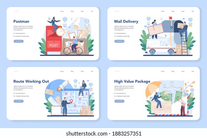 Postman profession web banner or landing page set. Post office staff providing mail service, accepting of letter and package, selling postage stamp. Isolated flat vector illustration