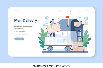 Postman profession web banner or landing page. Post office staff providing mail service, accepting of letter and package, selling postage stamp. Isolated flat vector illustration
