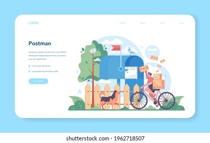 Postman profession web banner or landing page. Post office staff providing