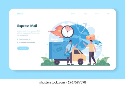 Postman profession web banner or landing page. Express mail. Post office