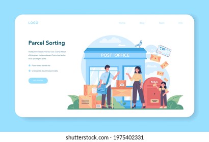Postman profession web banner or landing page. Post office staff providing mail service, accepting of letter and package, selling postage stamp. Isolated flat vector illustration