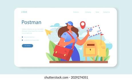 Postman profession web banner or landing page. Post office staff providing mail service, accepting of letter and package, selling postage stamp. Isolated flat vector illustration
