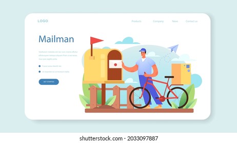 Postman profession web banner or landing page. Post office staff providing mail service, accepting of letter and package, selling postage stamp. Isolated flat vector illustration