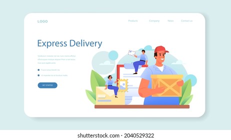 Postman profession web banner or landing page. Post office staff providing mail service, accepting of letter and package, selling postage stamp. Isolated flat vector illustration