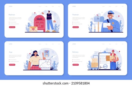 Banner web de profesión de Postman o página de inicio. Personal de correos que presta servicios de correo, acepta cartas y paquetes. Entrega y comunicación internacional. Ilustración vectorial plana aislada