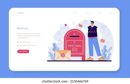 Postman profession web banner or landing page. Post office staff providing mail service, accepting of letter and package. Delivery and international comunication. Isolated flat vector illustration