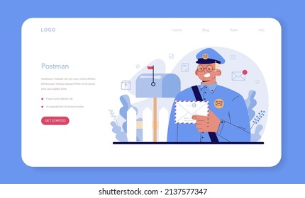 Postman profession web banner or landing page. Post office staff providing mail service, accepting of letter and package. Delivery and international comunication. Isolated flat vector illustration