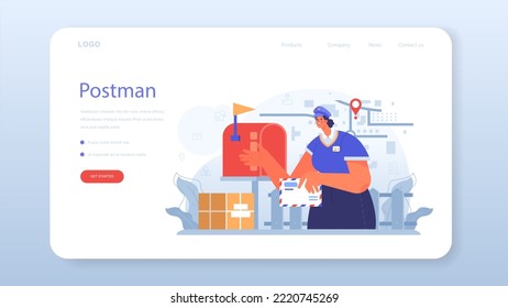 Postman profession web banner or landing page. Post office staff providing mail service, accepting of letter and package. Delivery and international comunication. Isolated flat vector illustration