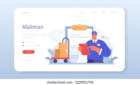 Postman profession web banner or landing page. Post office staff providing mail service, accepting of letter and package. Delivery and international comunication. Isolated flat vector illustration