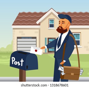 Postman in Professional Uniform Design Element. Mailman Putting Letter in Postbox. Envelope Flat Illustration. Courier with Bag Cartoon Character. Delivery Services Vector Drawing. House, Building