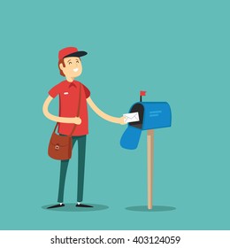 Postman puts the letter in the mailbox. Vector illustration.