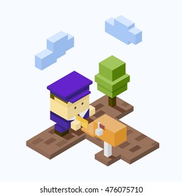 The postman puts the package into a mailbox. Deliver the letter. Isometric vector illustration
