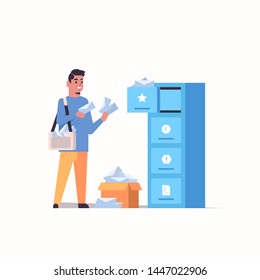 postman putting letter envelopes in mail box post delivery service concept flat full length